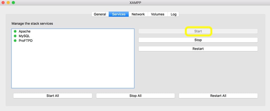 XAMPP Services Menu