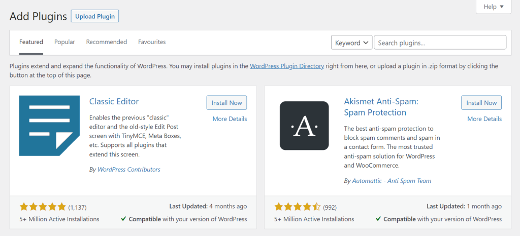 The Add New Plugin interface on the WordPress admin dashboard