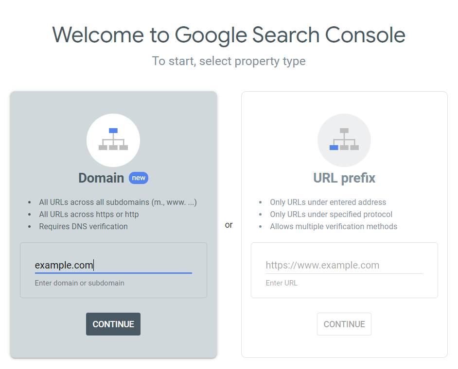 Adding a domain property in Google Search Console