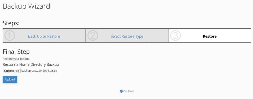 Uploading a Home Directory backup on cPanel's Backup Wizard
