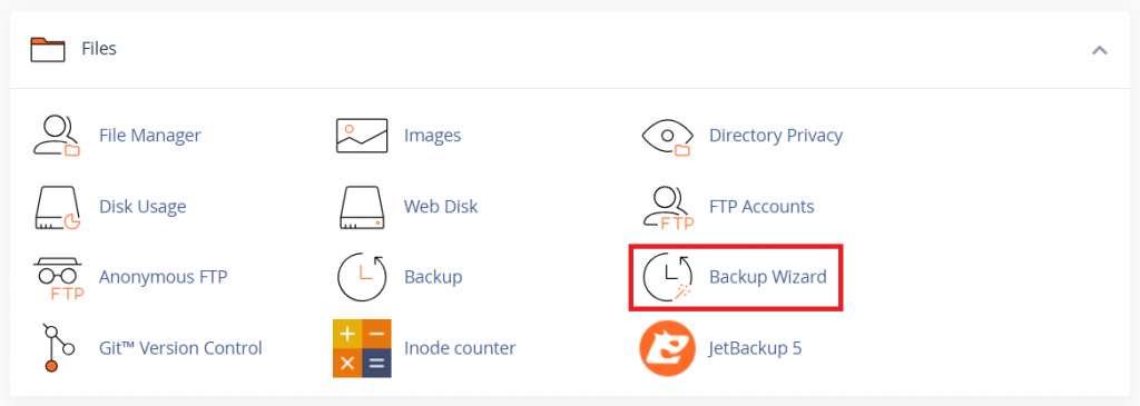 Accessing the Backup Wizard menu on cPanel