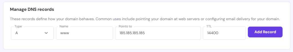 DNS record management in hPanel