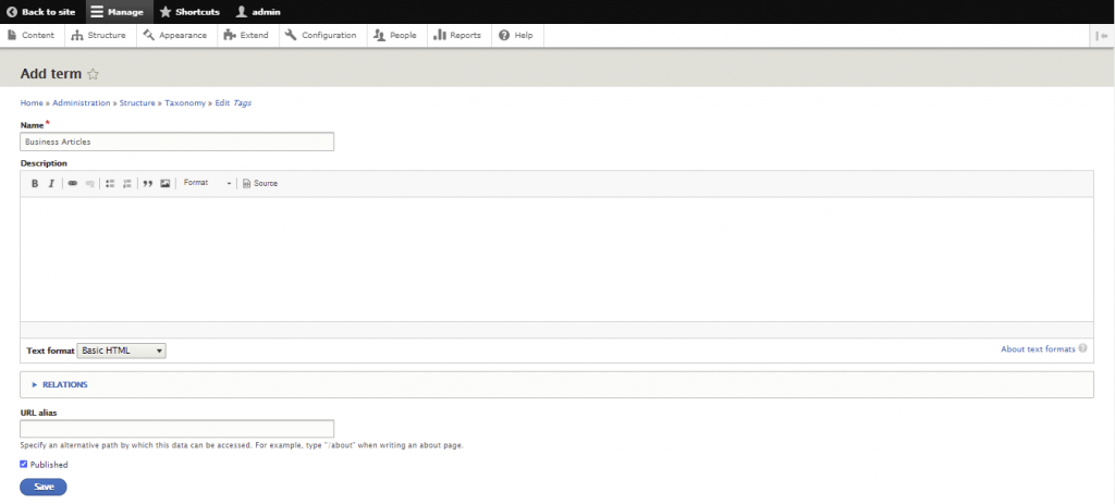 Screenshot from the Drupal dashboard showing how to add the term business articles