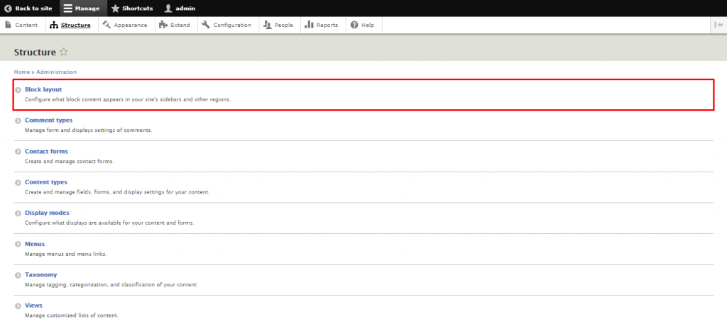 Screenshot from the Drupal dashboard showing where to find Block Layout