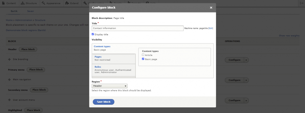 The Configure block window