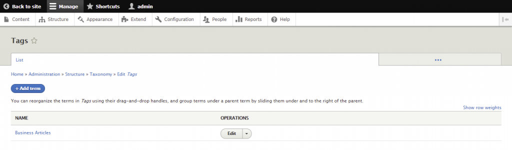 Screenshot from the Drupal dashboard showing Tags as the parent category and Business Articles as the subcategory