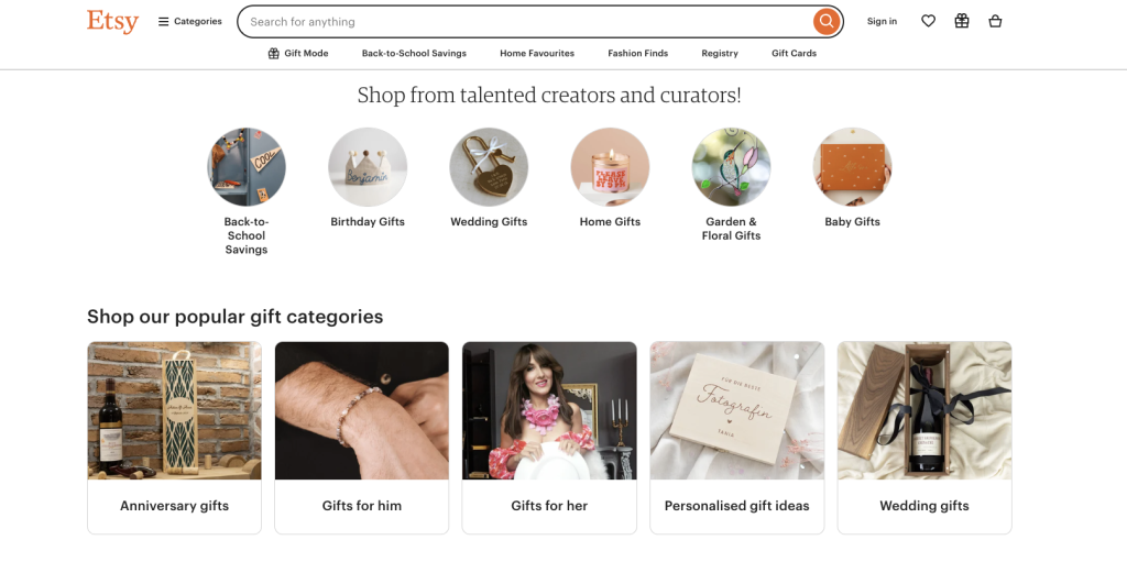 Etsy landing page