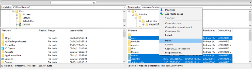 Screenshot from FileZilla showing how to delete core, vendor, and all the files in the Drupal root directory