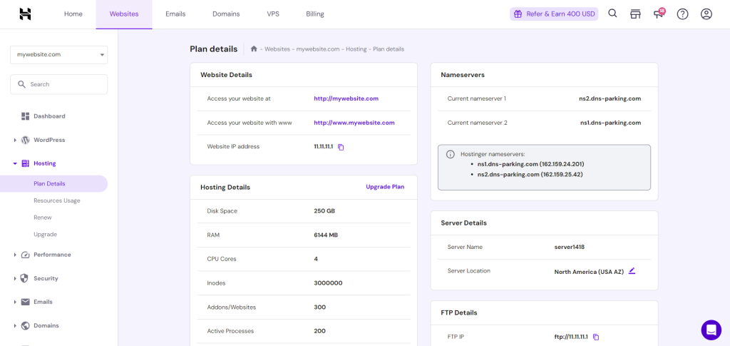 Hosting section in website settings