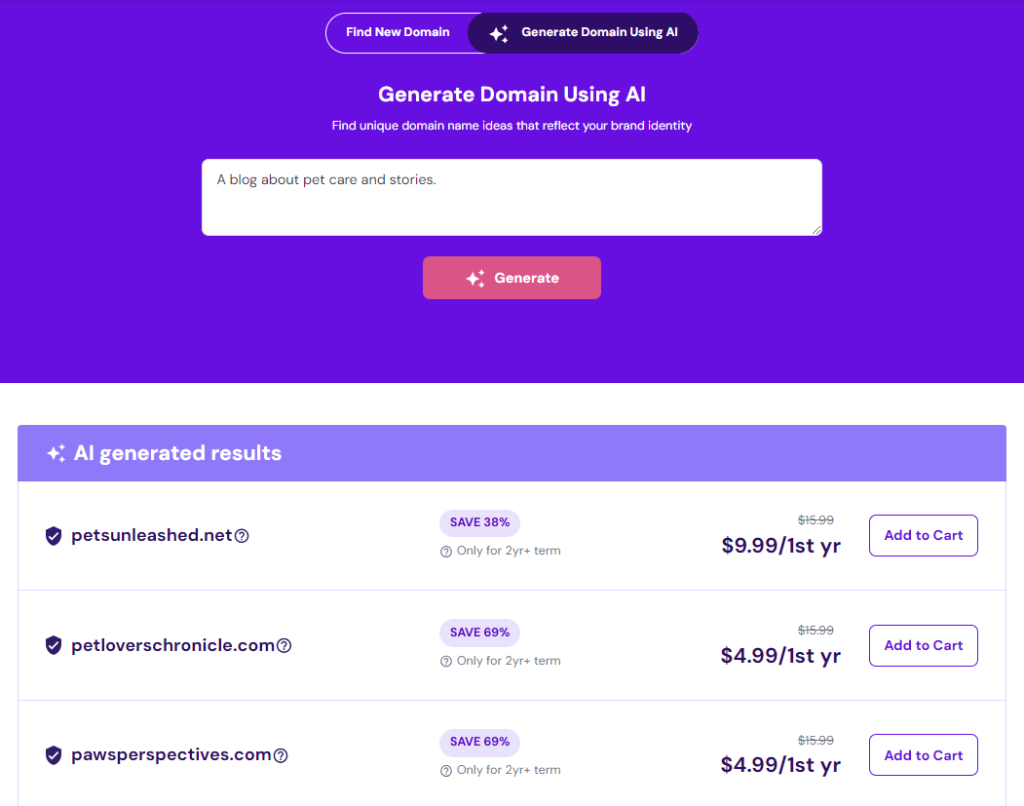 Domain name options generated with AI by Hostinger