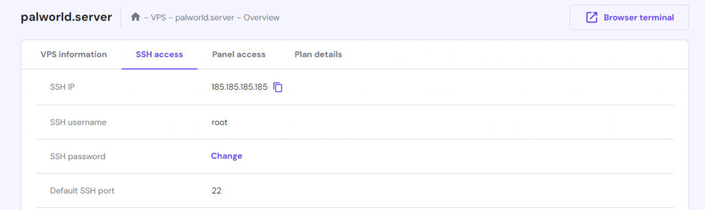 Hostinger game VPS SSH credentials location