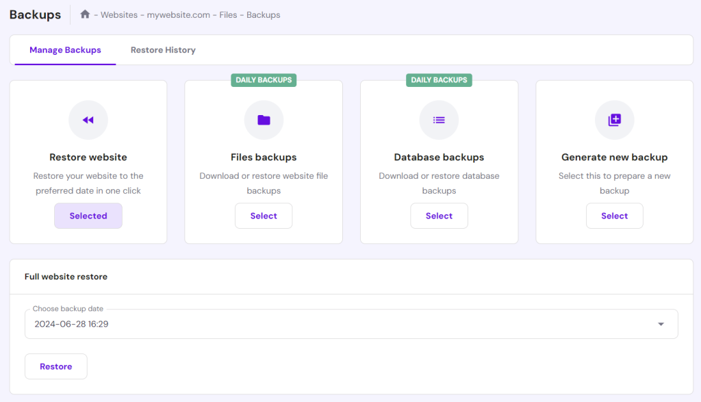 The Backup feature in Hostinger's hPanel