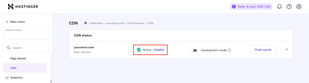 hPanel WordPress dashboard, highlighting the link to enable CDN