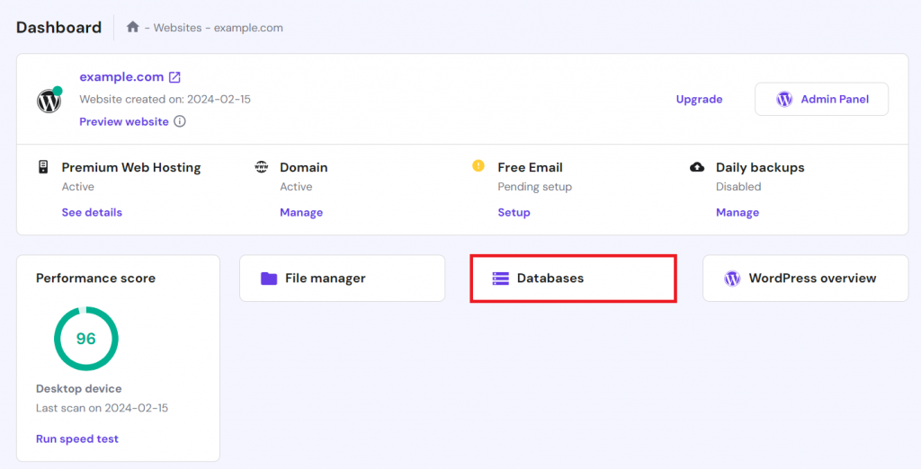 Selecting the Databases menu on the hPanel dashboard