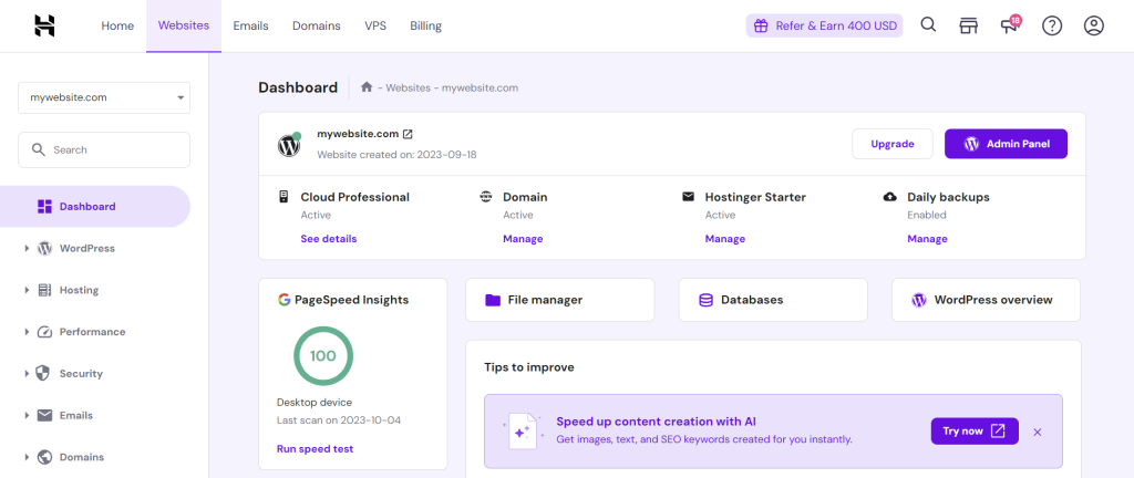 hPanel WordPress website dashboard