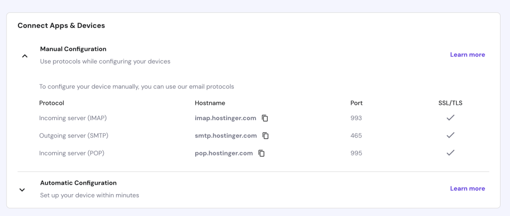 The Manual Configuration section in hPanel