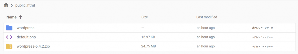 The extracted WordPress file in the root directory as seen through Hostinger's File Manager