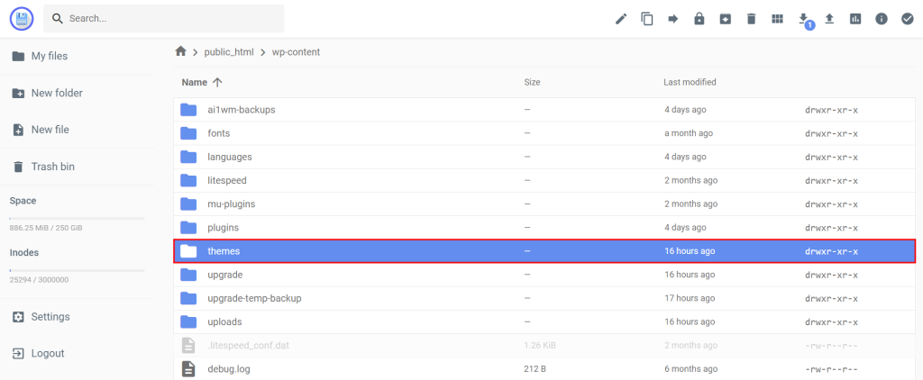 Hostinger's File Manager, highlighting the Themes folder in root directory