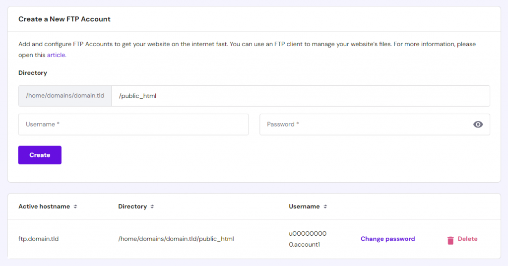 Creating a new FTP account in hPanel