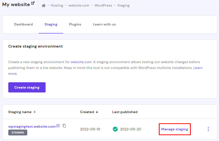 Staging section of hPanel, with the Manage staging option highlighted