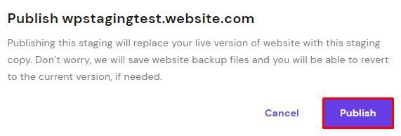 Publish staging website pop-up, highlighting the Publish button