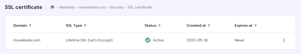 SSL section in Hostinger's hPanel