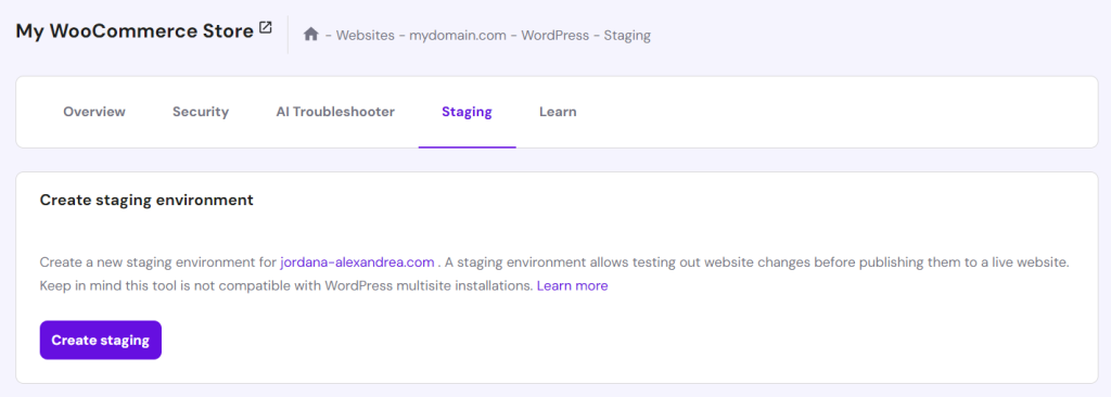 hPanel staging section