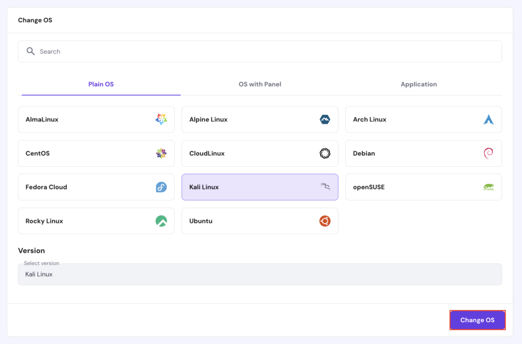 The Change OS button after selecting Kali Linux in the Operating System page of hPanel's VPS