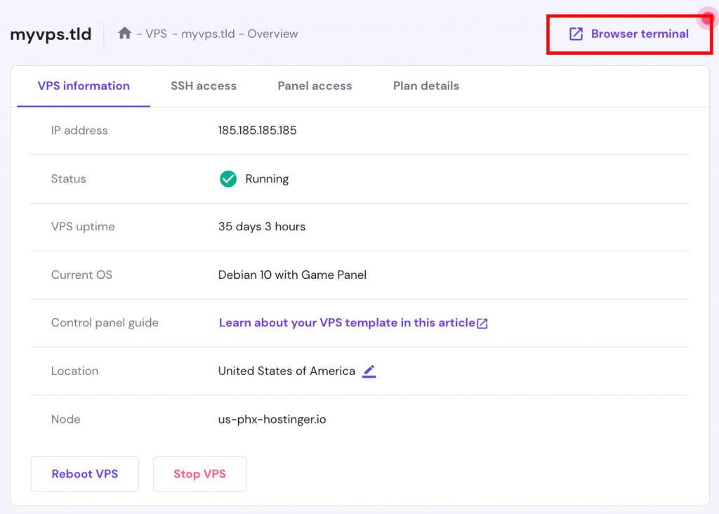 The VPS information page on hPanel. The Browser terminal window is highlighted