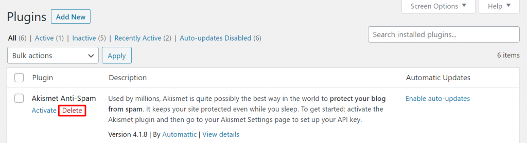 A screenshot showing how to delete wordpress plugins