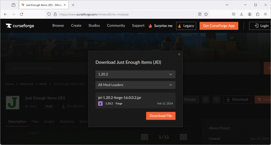 Just Enough Items Minecraft mod download page on the CurseForge website