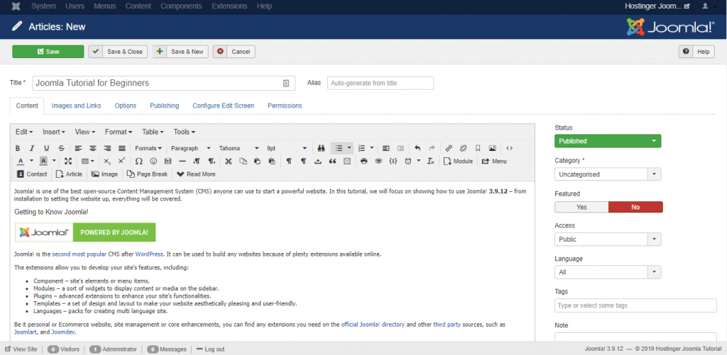 Screenshot of Joomla's article editor