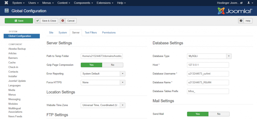 Screenshot of Joomla's global configuration