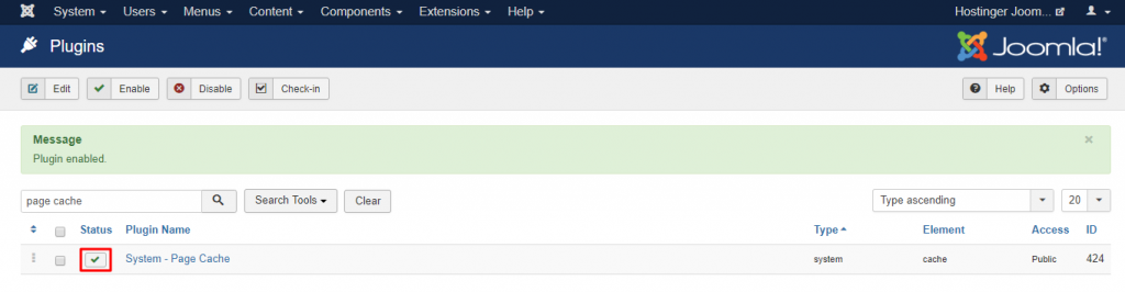 Screenshot of Joomla's plugin check