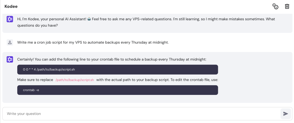 Kodee generating a cron job script based on users prompt