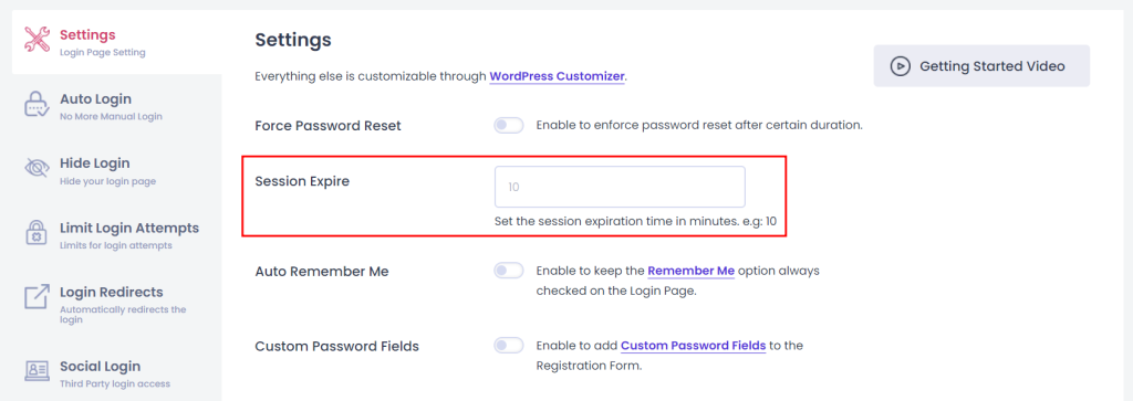 Setting session expiration time using the LoginPress plugin