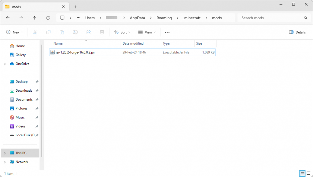 Minecraft mods folder with Just Enough Items mod .jar file highlighted