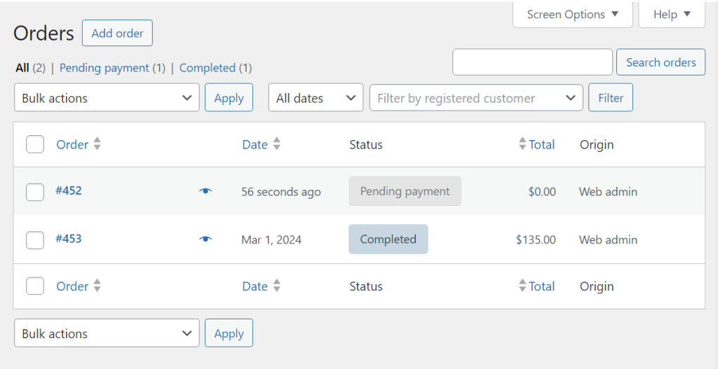 The Orders tab in WooCommerce