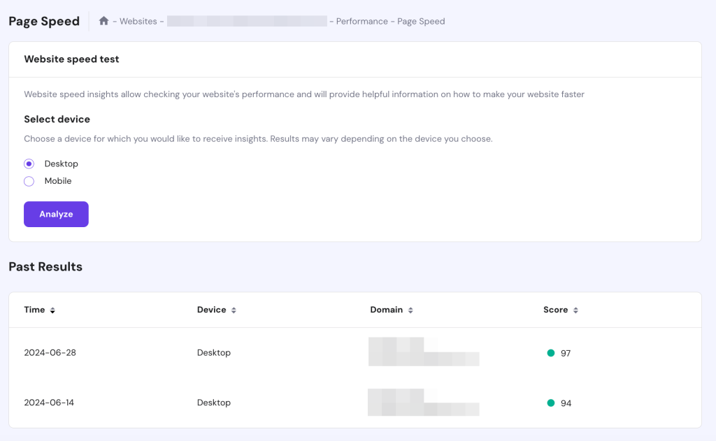 Page Speed page on hPanel