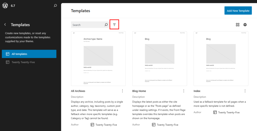 The pattern filter button on the pattern library