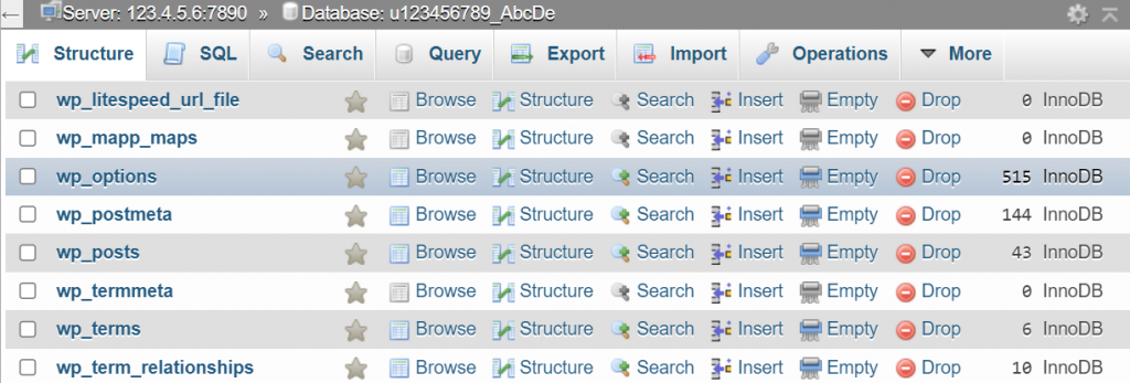 The wp_options table in phpMyAdmin