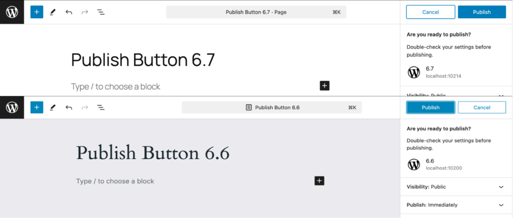 The comparison of publishing buttons in WordPress 6.7 and WordPress 6.6