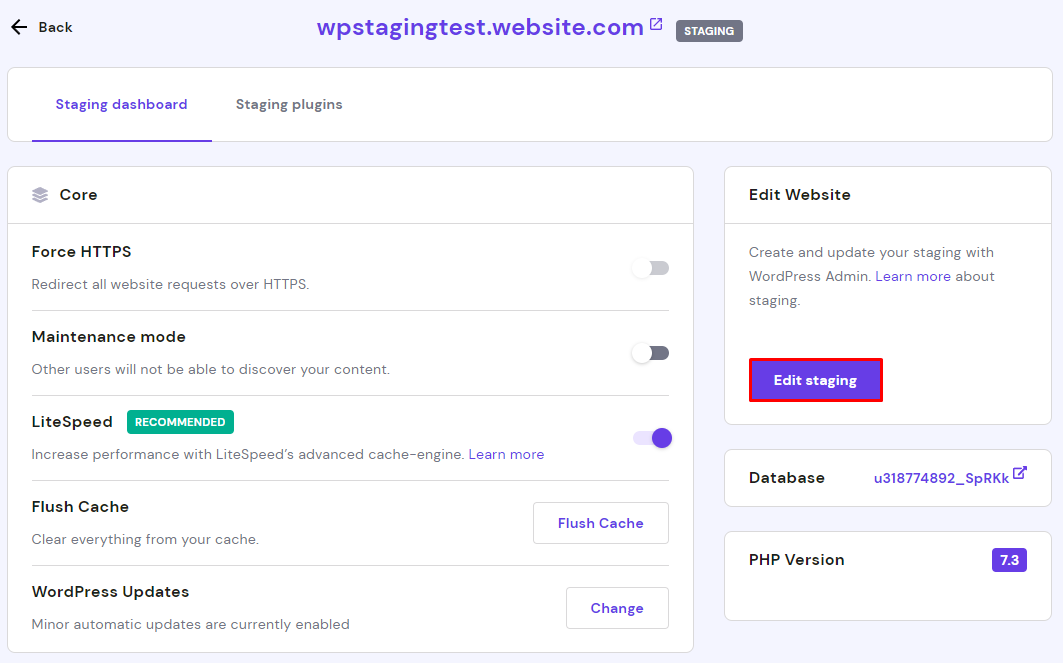 Staging dashboard on hPanel