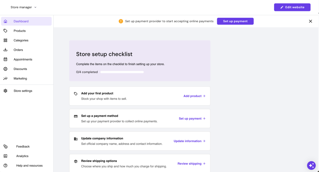 Store setup checklist in the store manager