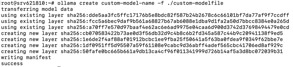 Terminal output displaying the successful creation of a custom model