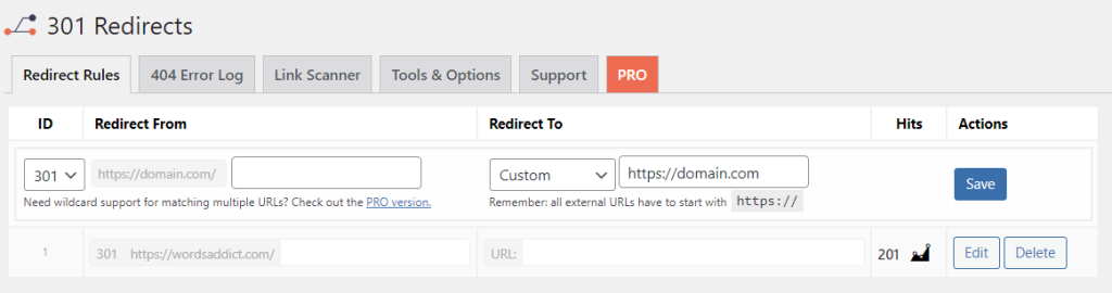 The 301 Redirects plugin dashboard in WordPress