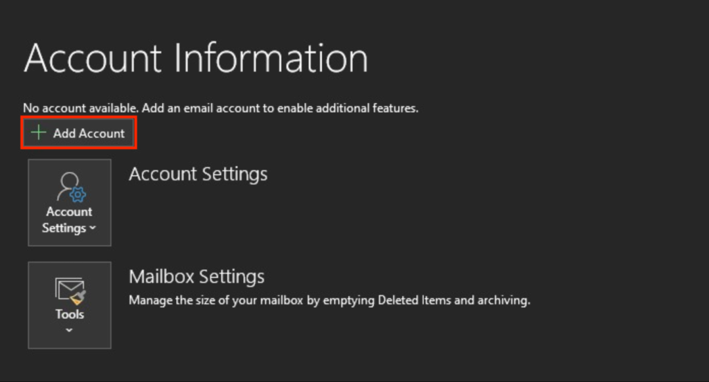 The Add Account button in Outlook 2019