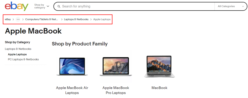 The breadcrumb navigation menu on eBay's website