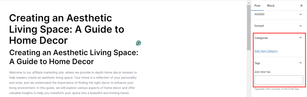 The Categories and Tags sections in the WordPress block editor