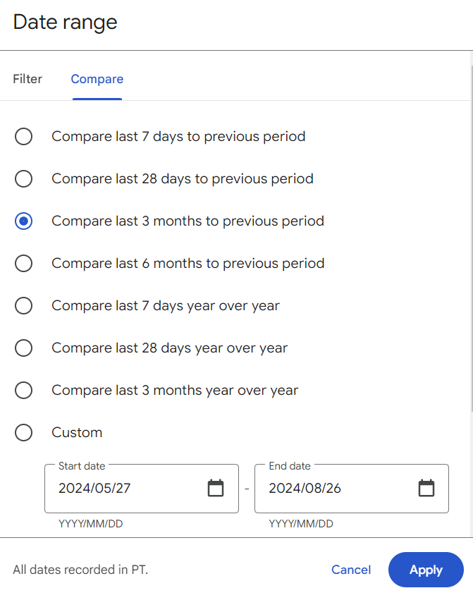 The comparison date range in Google Search Console